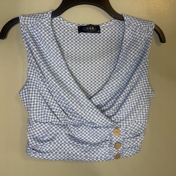 Cider Tops - Cider Light Blue and White Gingham Wrap Crop Check Top size medium